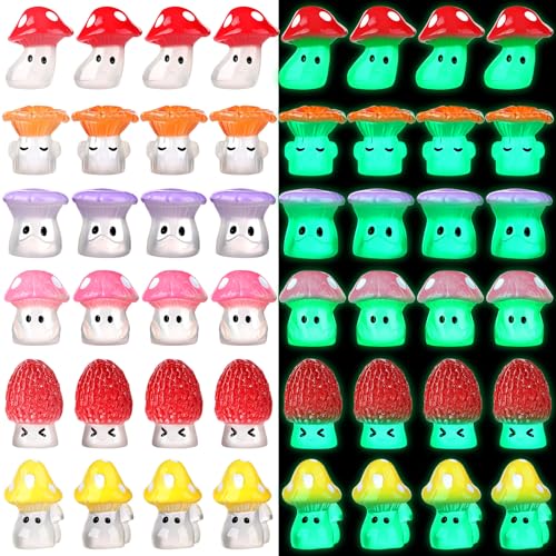 96 Luminous Glow in The Dark Mini Mushrooms Bulk Tiny Resin Mushroom Figurines Cute Miniature Crafts for DIY Fairy Terrarium Landscape Statue Garden Micro Dollhouse Aquarium Decoration(Classic) - style: Classic