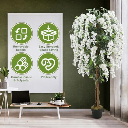 5ft Artificial Wisteria Tree, Tall Faux Flowering Plant, White, 1 Pack - color: White