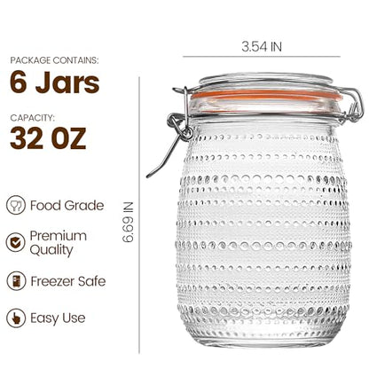 WACOI 32 Oz Glass Mason Jars with Airtight Lids 6 Pack, Wide Mouth Canning Jars with Clip Top Lids for Kitchen Storage Pickling Salad Jams Coffee Beans