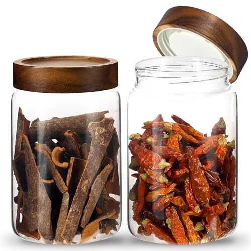 Airtight Glass Jars with Wooden Lid Glass Spice Jar Round Glass Storage Canister for Pantry Sugar Tea Coffee Bean Nuts Cookies Bath Salts (900ML*2PACK) - color: 900ML*2PACK