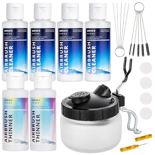 Airbrush Cleaning Kit, 4 Cleaners&2 Thinners with Glass Cleaning Pot | Air Brush Cleaner Kit Suitable for Water-based Acrylic Paints, Airbrushes, and Art Tools(3.38 fl oz/100 ml of each)