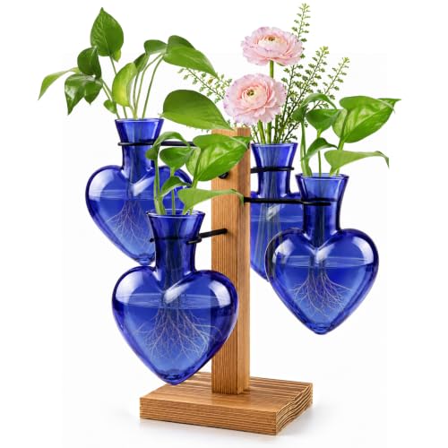 Plant Terrarium Propagation Station with Wooden Stand, 4 Glass Vases - color: Deep Blue