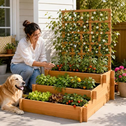 43" 3-Tier Fir Wood Raised Garden Bed Planter with Trellis | Fir wood tiered planter with trellis, liners, and 3 growing beds for flowers, herbs, veggies, vines, patio, or yard - color: 3-tier Raised Garden Bed With Trellis