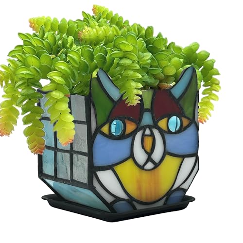 Tiffany Stained Glass Cat Planter,Indoor and Outdoor Plant Displays,Succulent Cat Pot,Plant Gifts for Women,4.6x5.15x3 in (Without Succulents) - color: Yellow—purple