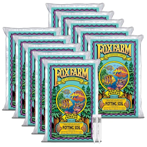 FoxFarm Ocean Forest Potting Soil w/ 2 Plant Tags, 1.5cu ft (10 Pack) | Light, Aerated Texture with Fish Meal, Crab Meal, Earthworm Castings, Ready-to-Use Potting Mix for Seedlings & Plant Starts - size: 1.5 Cu Ft + Tags (10 Pack)