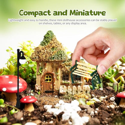 SEWACC Mini Bench and Miniature Street Lamp Set 1.96X1.37X0.90In Mini Furniture for Dollhouse Park Stool and Lamp Post Decor for Dollhouse Accessories and Garden Scene Layout