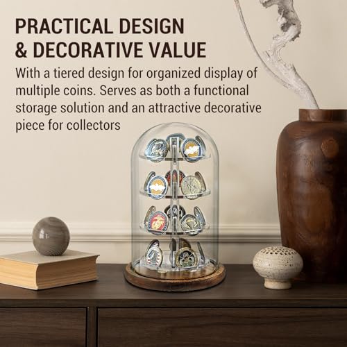 MyGift Challenge Coin Display Dome, Acrylic Military Coin Holder | Clear dome protects and displays up to 20 challenge coins on a rustic wood base for an eye-catching collectible showcase