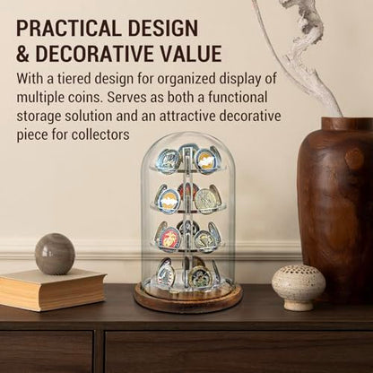 MyGift Challenge Coin Display Dome, Acrylic Military Coin Holder | Clear dome protects and displays up to 20 challenge coins on a rustic wood base for an eye-catching collectible showcase