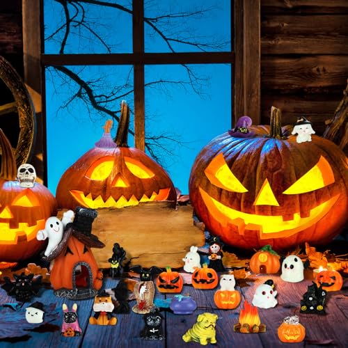 Poen 36 Pcs Halloween Miniature Figurine Resin Halloween Garden Accessories | Pumpkin Ghosts Tombstones, Resin Figurines for Fairy Garden， Mini Ornament Kit， Village Desktop, Table Centerpiece Kit