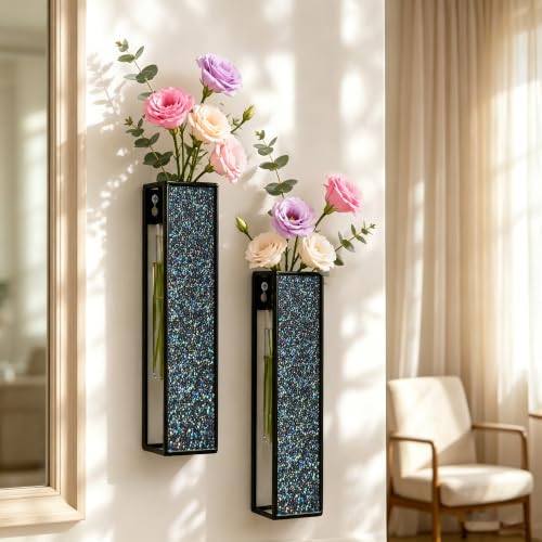 2 Pack Metal Hanging Tube Vase Crystal Planters Flower Vases for Wall Indoor Plants Holder Modern Geometric Boho Home Office Bathroom Wall Decor for Living Room - color: Black-crys Black Colored