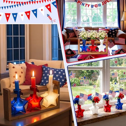 Remerry Patriotic Star Plant Terrarium with Wooden Stand, Red White Blue - color: Red,white,blue, size: 3 Star Vases, style: Patriotic Star