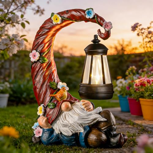 twinbling Garden Gnomes Outdoor Statue with Solar Light, Waterproof Resin Gnome Decor, Funny Garden Sculptures for Patio Lawn Yard, Mom Gifts for Mother’s Day Housewarming - color: Red-gnome