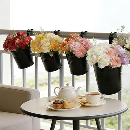 5 Inch Hanging Flower Pots, 5 Pcs, Metal Buckets, Black | Removable Hooks, Drainage Holes, For Wall, Fence, Balcony, Patio Home Decor - size: 5 Inch