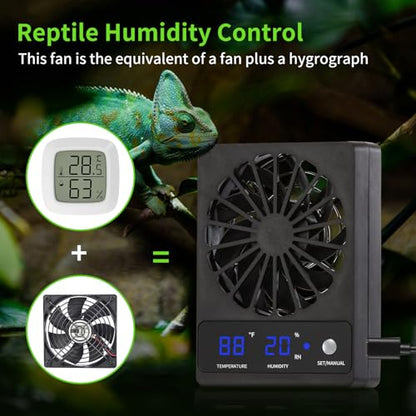 Reptile Tank Fan with Thermometer & Hygrometer | LED Display, Auto Ventilation for Enclosures & Terrariums