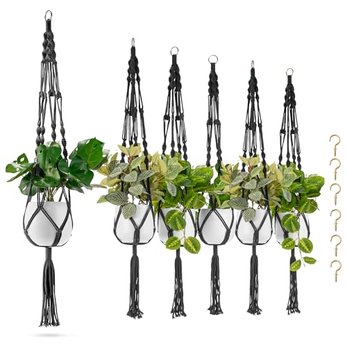 Sorbus Macrame Plant Hanger (6 Pack) Indoor Outdoor Hanging Plant Pots Cotton Rope, Elegant for Home, Patio, Garden (Black) - color: Black, size: 6 Pack
