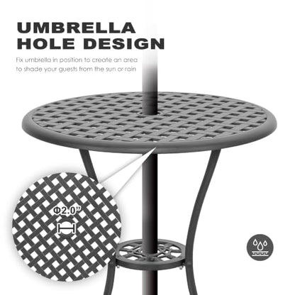 NUU GARDEN 3 Piece Bistro Table Set Cast Aluminum Outdoor Patio Furniture with Umbrella Hole and Grey Cushions for Patio Balcony, Black - color: Gray Cushion
