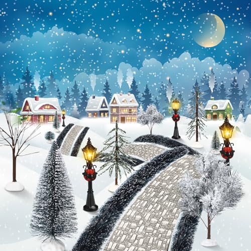 Hotop 18pc Christmas Village Accessories 47.2 Inch Village Roads Mini Snowy Trees Streets Light Lamppost Hedge Figurines Set for Display Winter Holiday Decorations DIY Crafts No Batteries(Trendy) - style: Trendy