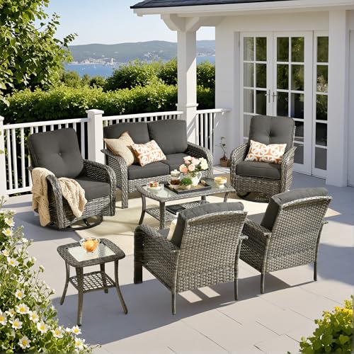 7 Piece Wicker Patio Furniture Set with Swivel Chairs, Black - color: Black, size: 7 Pcs Patio Set