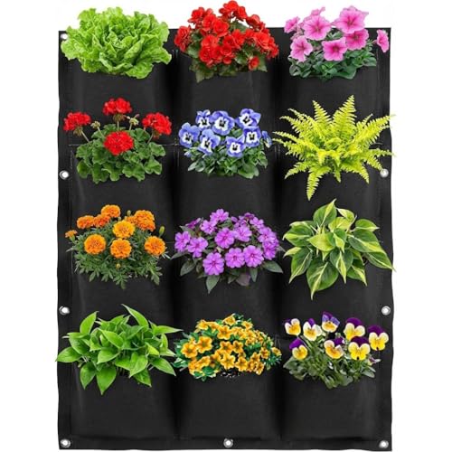 WFIST Vertical Hanging Planter Bag, Breathable Felt Wall Garden Planter with Metal Grommets, Indoor/Outdoor Space-Saving Herb & Flower Growing Pouch (12-Pocket) - style: 12-Pocket