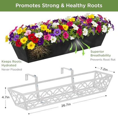 Y&M 30'' Hanging Railing Planter Box Set with Black Non-Woven Fabric Liner, 4 Pcs Large Metal Flower Boxes with Adjustable Brackets for Balcony, Deck, Fence, and Garden - Gray - color: Flower 30in 4p-gray