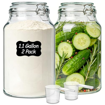 ComSaf Large Glass Jars with Airtight Lids 1.1 Gallon 2 Pack Wide Mouth | BPA-free food-grade glass, wire clamp seal, wide mouth, 138 oz, bulk flour & sugar, rice, kimchi prep, large mason jar - size: 138oz*2