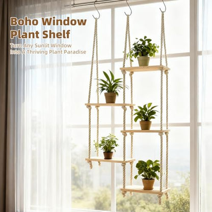 Window Plant Shelves for Indoor Plants Plant Shelf Indoor Wall Mounted Hanging Plant Stand with Wooden Shelves for Windowsill Boho Indoor Plant Shelf for Window Sill