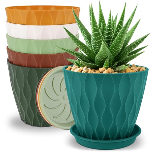YNNICO 6 inch Plant Pots, 6 Pack Flower Pots Outdoor Indoor, Planters with Drainage Holes and Tray Saucers-Multicolor - color: Multicolor, size: 6 inch-6 pack