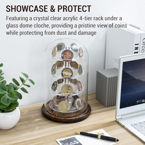 MyGift Challenge Coin Display Dome, Acrylic Military Coin Holder | Clear dome protects and displays up to 20 challenge coins on a rustic wood base for an eye-catching collectible showcase