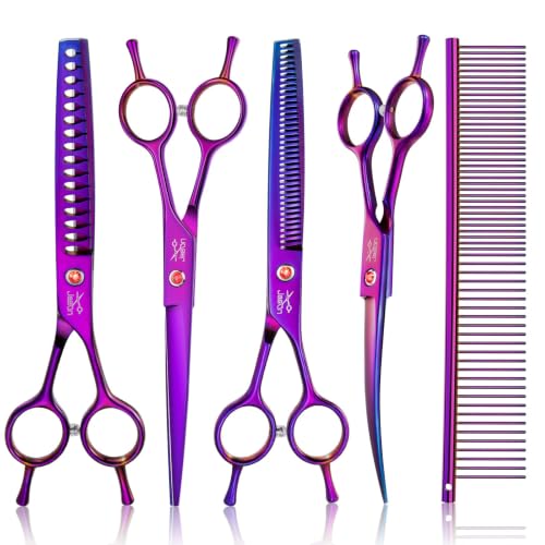 JASON Dog Grooming Scissors Set - 7 in 1 Professional Pet Sharp Shears Kit | Straight, Thinning, Chunker, Curved Shears and Comb for Long Short Hair for Dog Cat Pet, Gift - color: Purple, size: 7.0
