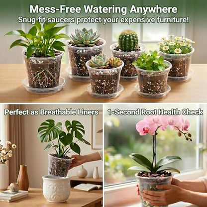 Root-Safe Clear Plant Pots for Indoor: Zero Transplant Shock for Orchids | 1K-Squeeze No-Crack, 360° View Stops Root Rot - Thickened Plastic with Drainage & Saucers (4-6" 20 Pack)