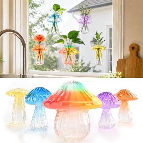 5Pcs Mushroom Propagation, Borosilicate Glass Vases, 6kg Suction Cups | Handcrafted 2.6mm thick glass|5 unique colors in 1 set|Watch roots grow in water|No-drill wall mount|Includes cleaning brush - color: Blue,yellow,purple,coffee,rainbow