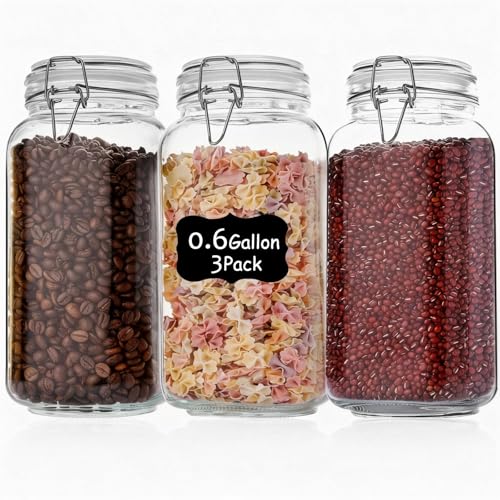 Liuruiyu 78oz Glass Food Storage Jars with Airtight Clamp Lids, 3 Pack Wide Mouth Large Kitchen Canisters for Flour, Cereal, Beans, Pasta and Canning, Square Mason Jar with Labels