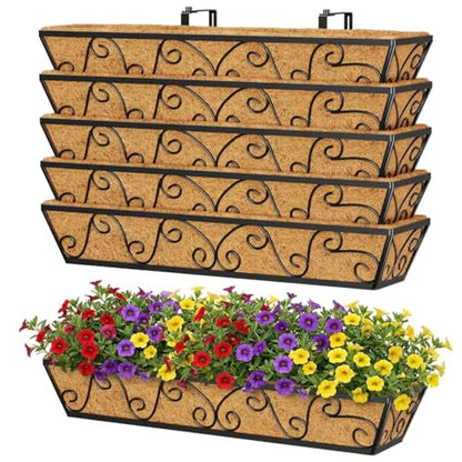 Y&M 30 Inch Butterfly Window Box Planter. Railing Planters for Outdoor Plants, Over the Railing Planter Boxes & Wall Mount, Rust-Resistant Steel with Coco Coir Liner for Balcony, Deck - 6 PCS - color: 30inbutterfly6p
