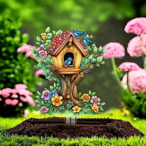 House Garden Stakes Decor Yard Acrylic - 2D Spring Garden Acrylic Sign Decoration, Yard Art, Gift for Nature Lovers, for Indoor & Outdoor Flower Pots, Yard, Mini Gardens & Lawn (5.9”x5.9”) Y36