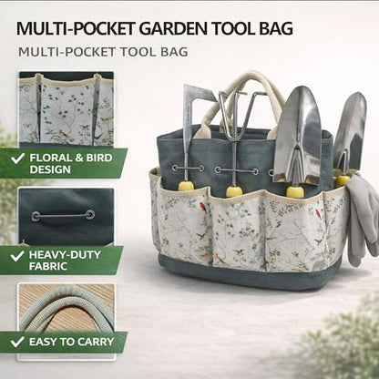 11-Piece Stainless Steel Gardening Tool Set with Floral Tote Bag