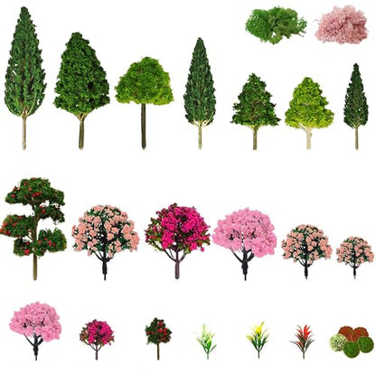 Mixed Model Trees, Model Train Scenery, 37Pcs, Miniature Trees with Moss for Building Model, Natural Green Landscape, Railroad Scenery