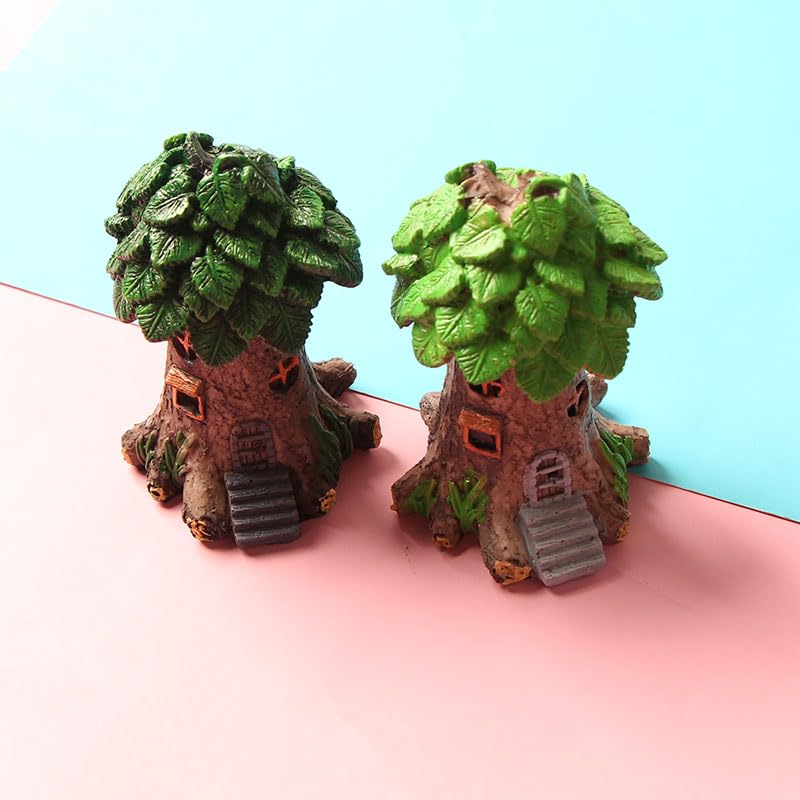2PC Resin Fairy Tale Treehouse Figurine, Miniature Garden Gnome Home, Plant-Themed Collectible for Indoor/Outdoor Decor & DIY Bonsai/Fairy Garden