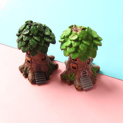 2PC Resin Fairy Tale Treehouse Figurine, Miniature Garden Gnome Home, Plant-Themed Collectible for Indoor/Outdoor Decor & DIY Bonsai/Fairy Garden