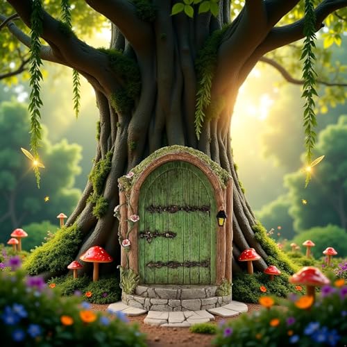 Green Wooden Fairy Door - Miniature Fairy Garden Accessory - Garden Sculpture Lawn Ornament - Art Outdoor Decor Gnome Door Figurine