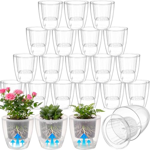 18 Pcs Self Watering Pots 4.3 Inch Plastic Flower Plant Pot with Inner Pot Self Watering Wick Planter White Clear Flower Pots for Indoor House Plants Herbs, Flowers, Succulents (Transparent) - color: Transparent, size: 4.3''