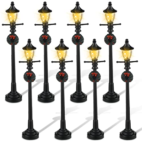 Mudder 8 Pcs 4 Pcs Christmas Miniature Village Lamp Post Light, Adorable | Vintage Lantern for Dollhouse Pathway, Train Layout, Lighted Black Design with Wreath, Fairy Garden Tabletop Accessory - color: Adorable Style