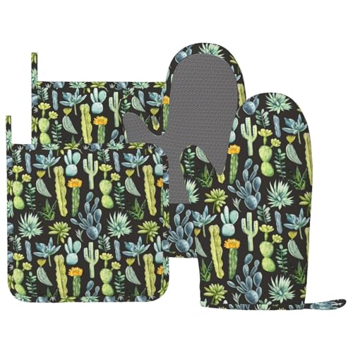 Watercolor Cactus Flower Oven Mitts and Pot Holders for Heat Resistant Desert Plants Silicone Oven Mittens and Potholders Gloves Hot Pads for Kitchen Cooking Baking Grilling BBQ - color: Black Green