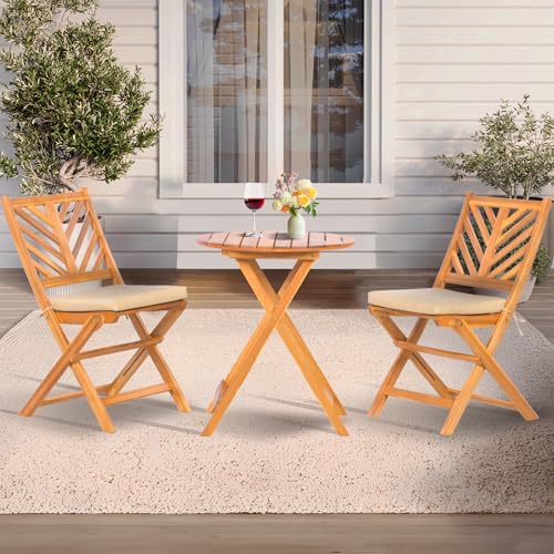 Werph 3-Piece Acacia Wood Patio Set, Foldable Bistro Table and Chairs Set | Small Patio Furniture Set with Cushions, Folding Balcony Chairs Table Set for Apartment, Balcony, Deck or Porch