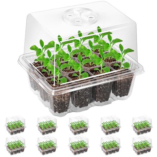 10-Pack Seed Starter Trays, Tall Dome, Base, 12-Cell Tray, Clear | 10 Seedling Kits with Tall Domes for Large Seed Starting. Adjustable Vents, Clear Trays & Heat Mat Compatibility, Indoor Use - color: Clear, size: 10 Packs