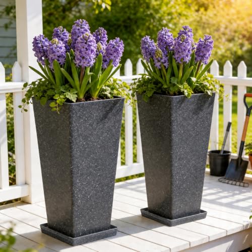 Autodaya 28" Oversized Black Terrazzo-Look PP Tall Planters Set of 2 - color: Faux Black Terrazzo-28"h