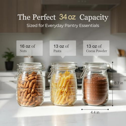ComSaf Glass Pantry Jars with Airtight Lids 34 oz 6 Pack Wide Mouth Hobnail | Coffee beans sugar, Snacks pasta, Pickling fermenting, Pantry organization, Clear body, Countertop storage, Dry goods - size: 34 fl oz/6pcs