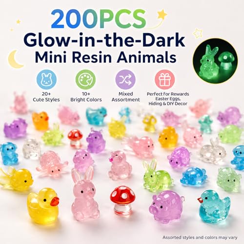 200PCS Mini Resin Animals Variety Pack Glow in The Dark, Miniature Figurines in Bulk & Tiny Ducks, Mini Figures to Hide, Fairy Garden Accessories Outdoor, Desk Pets Toys, Small Little Plastic Animals