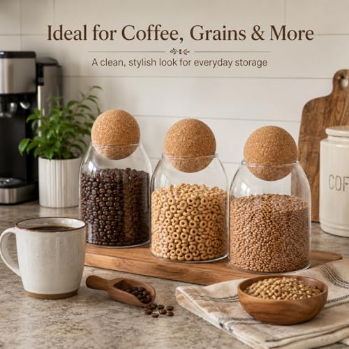 RHBLME 3 Pack Glass Storage Containers with Ball Cork, 17 Oz/500ML Glass Jar with Cork Lid, Round Cork Glass Bottle, Small Candy Jar with Wood Ball Lid for Food, Coffee, Sugar, Spice, Tea, etc