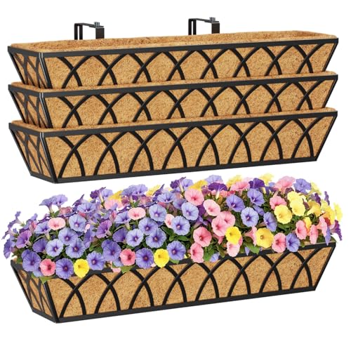 HFHOME 4 Pcs 30" Deck Railing Planter Box with Horse Trough Coco Liners, Black Window Box Hanging Flower Planters Baskets for Indoor, Outdoor, Balcony, Porch, Fence, Patio, and Lawn - size: 30 Inch 4-Pack X-Pattern