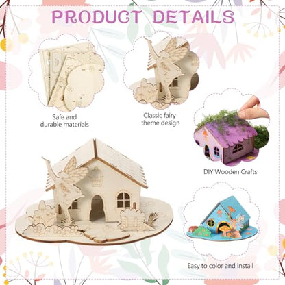 DoubleFill 3 Sets Wooden Fairy House DIY Kit Craft - DIY Fairy Garden with Paints & Decorations - Arts Crafts & Birthday Gift for Craft Activity Party Decor (Lovely Short) - style: Lovely Short